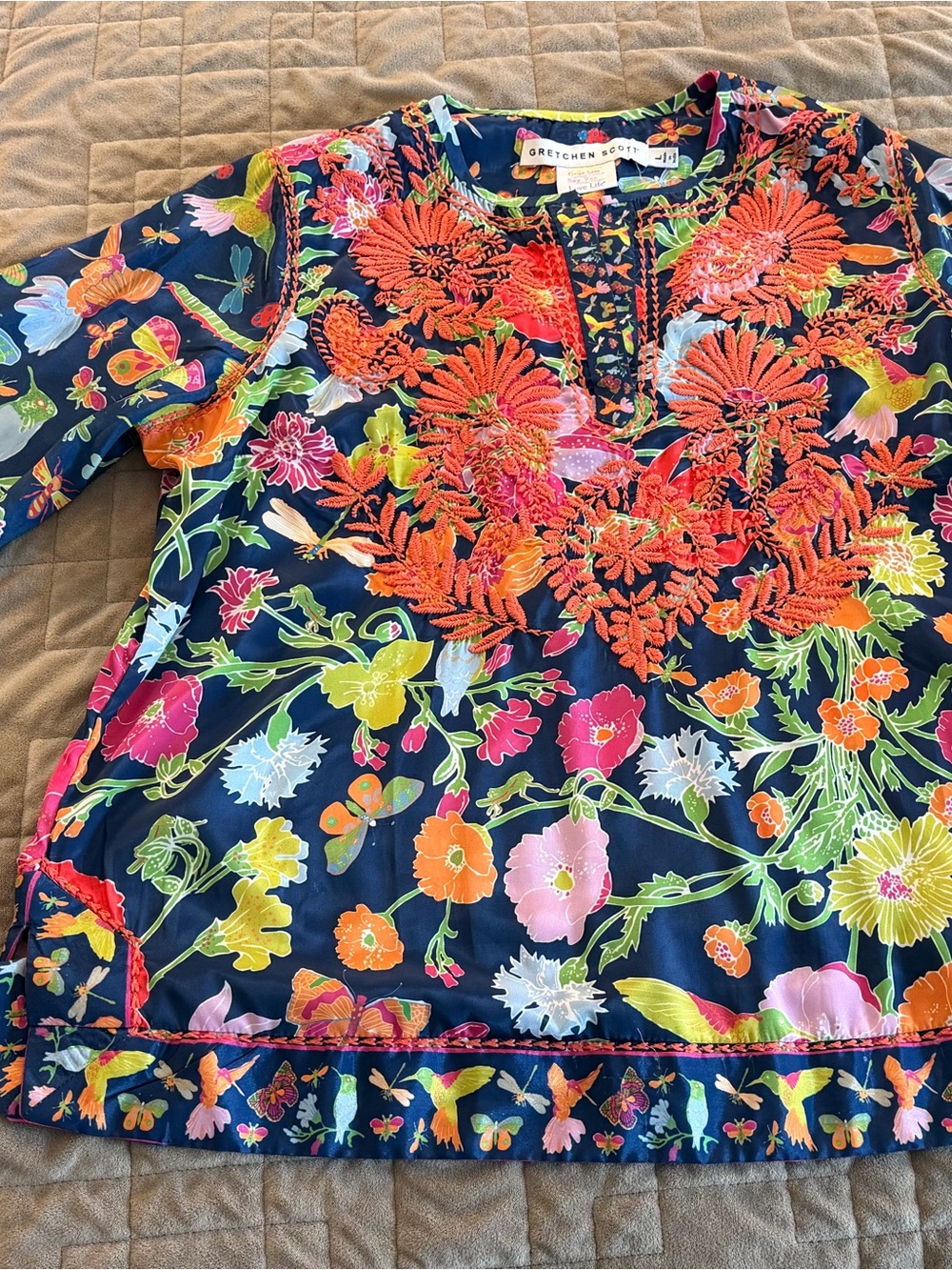 Gretchen Scott Designs Navy Floral Embroidered Tunic with Bright Orange Accents